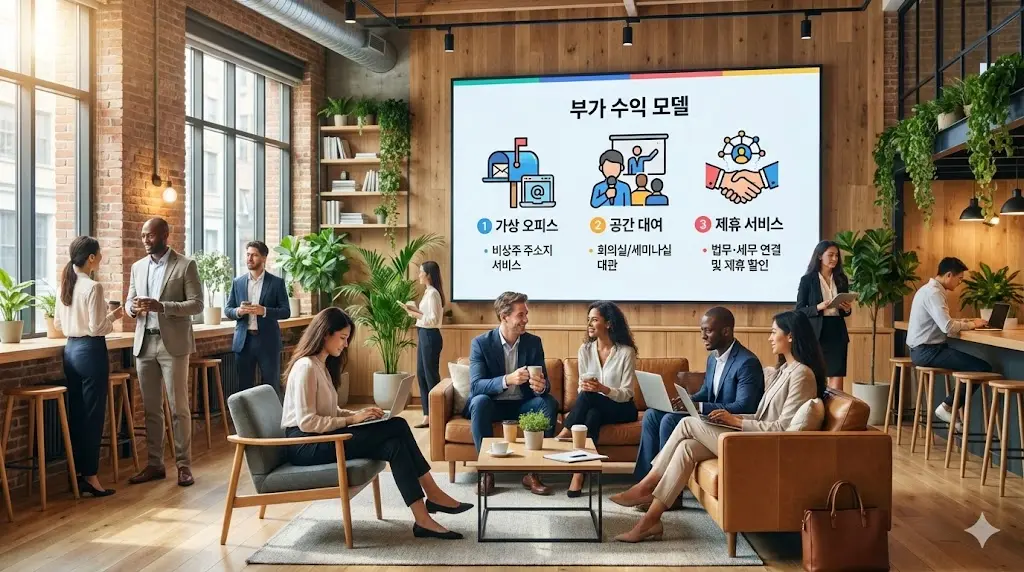 공유오피스 수익 구조 다각화를 위한 비상주 사무실(가상 오피스) 서비스, 회의실 대관, 그리고 라운지 내 쇼케이스를 활용한 F&B 판매 모델을 시각적으로 결합한 이미지