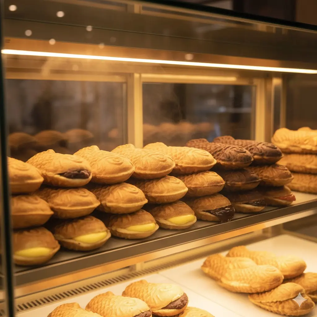 다양한 맛의 붕어빵이 따뜻한 조명 아래 진열된 프리미엄 온장 쇼케이스