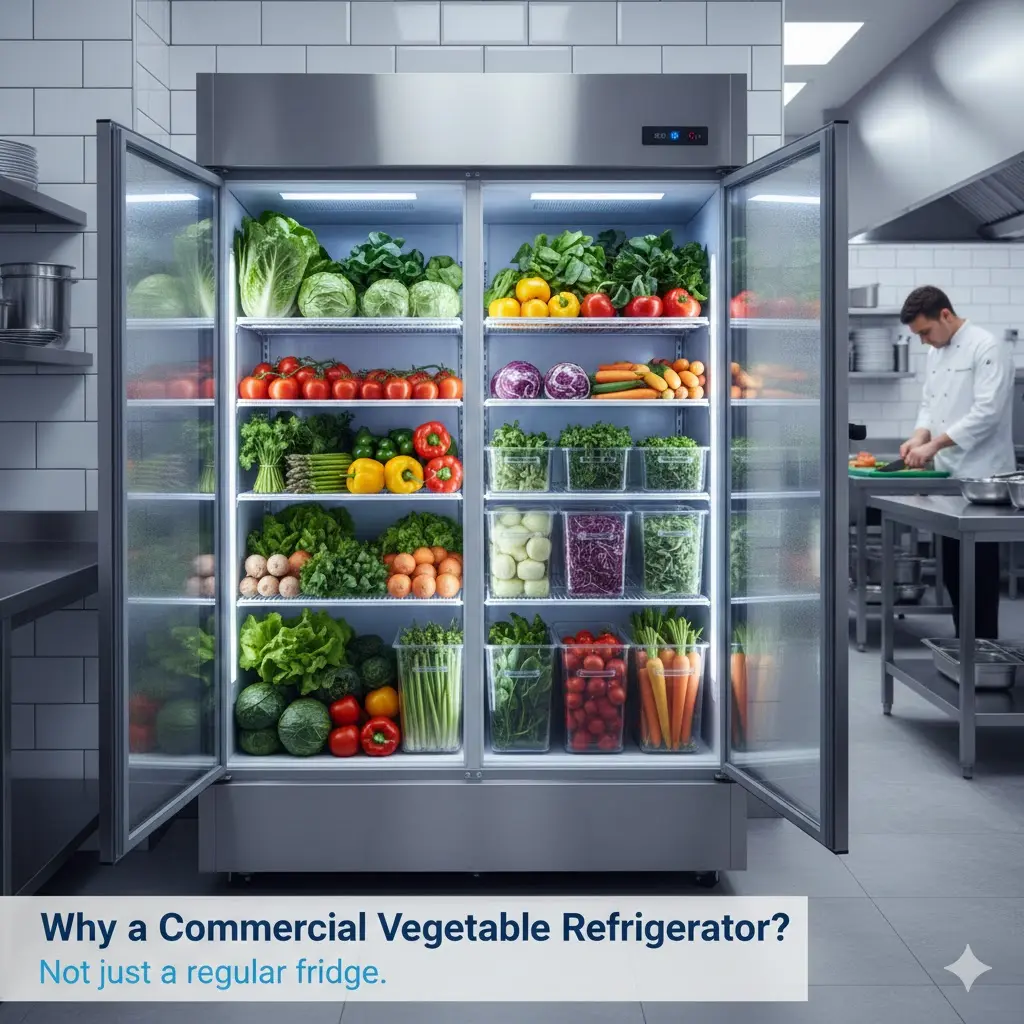 업소용 야채 전용 냉장고 내부의 유리 선반 위에 신선한 파프리카, 당근, 양상추 등 다양한 채소가 투명 용기에 담겨 정갈하게 보관된 모습