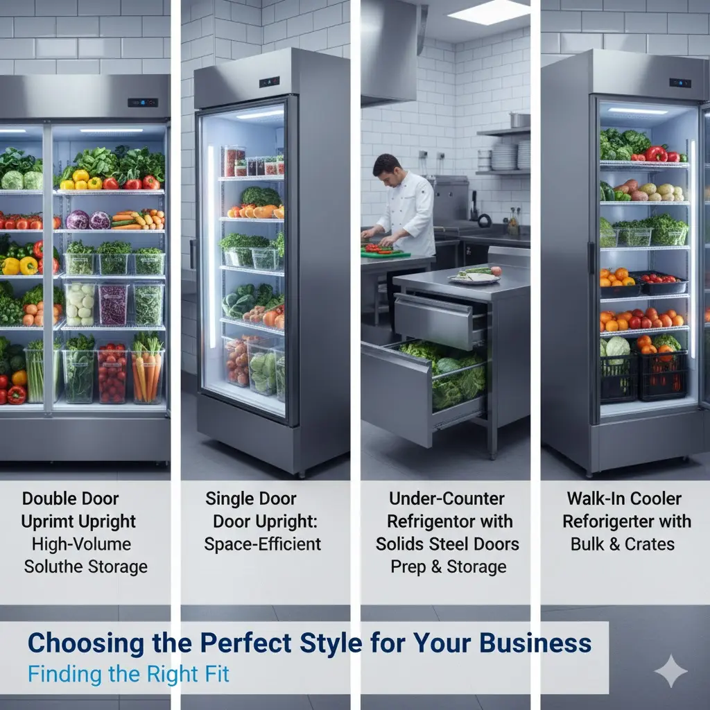 전문 주방에서 요리사가 작업하는 배경 앞에 놓인 2도어 유리창 업소용 야채냉장고와 내부의 체계적인 수납 구조