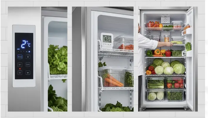 업소용 야채냉장고 상단의 디지털 온도 조절 디스플레이와 내부의 칸마다 신선하게 분류되어 보관된 대용량 식재료 모습