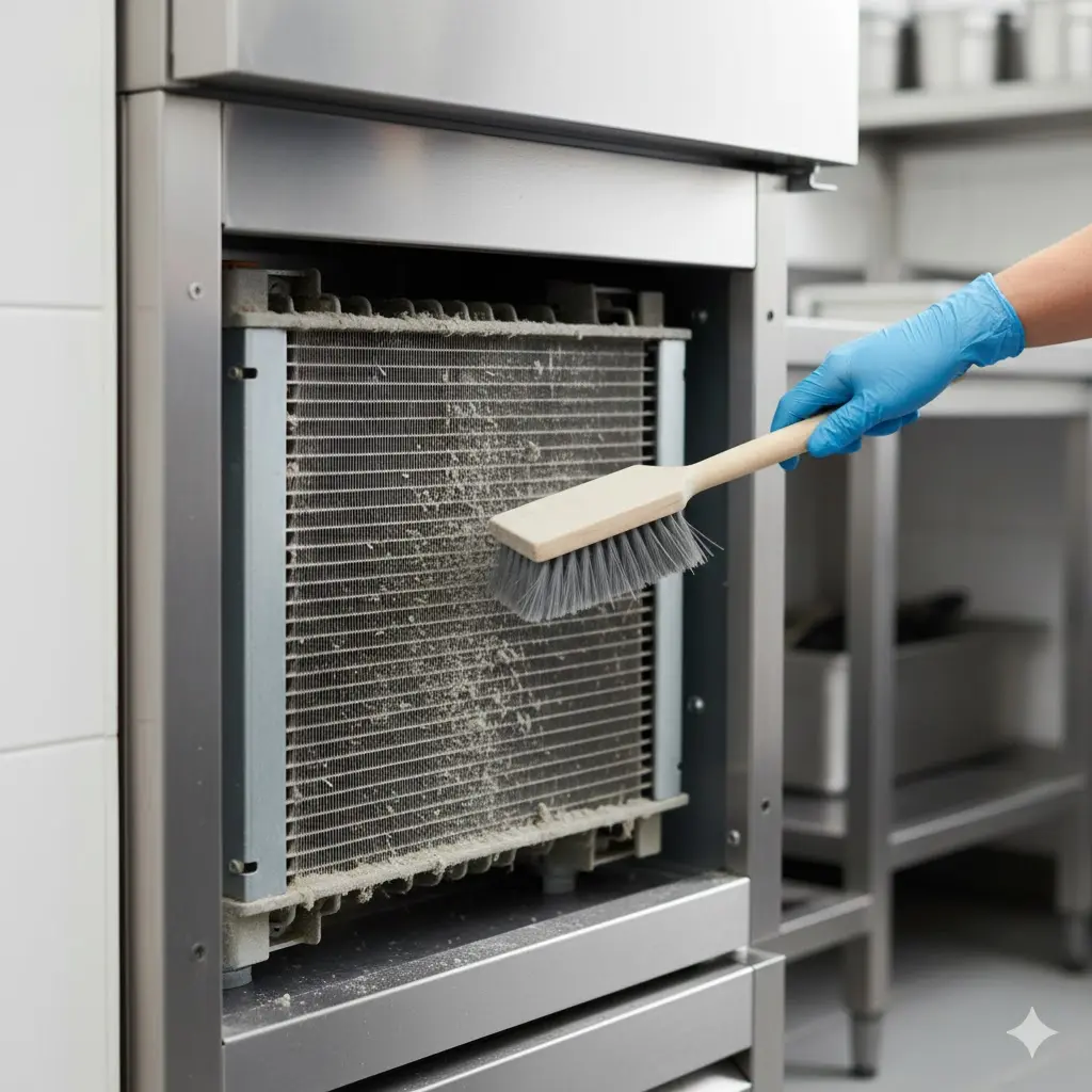 업소용 김치냉장고 하단 기계실의 먼지를 제거하며 정기 점검을 수행하는 모습