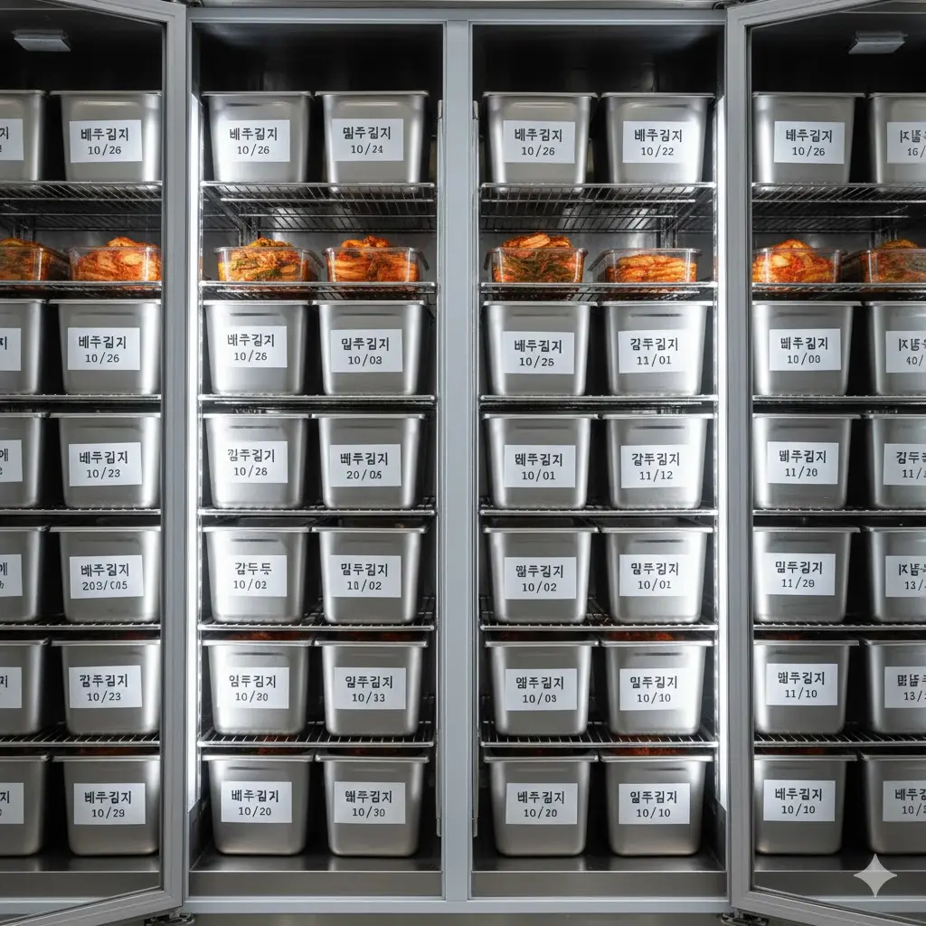 날짜와 종류별로 라벨링되어 선입선출이 용이하게 정리된 김치냉장고 내부 수납 모습