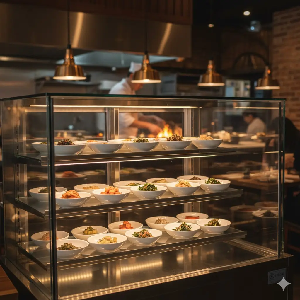 매장 홀에 배치되어 손님들에게 김치의 신선함을 보여주는 반찬 쇼케이스 전시 이미지