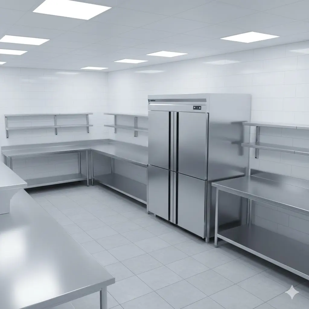 주방 평수와 동선을 고려하여 효율적으로 배치된 중형 업소용 김치냉장고 설치 사례