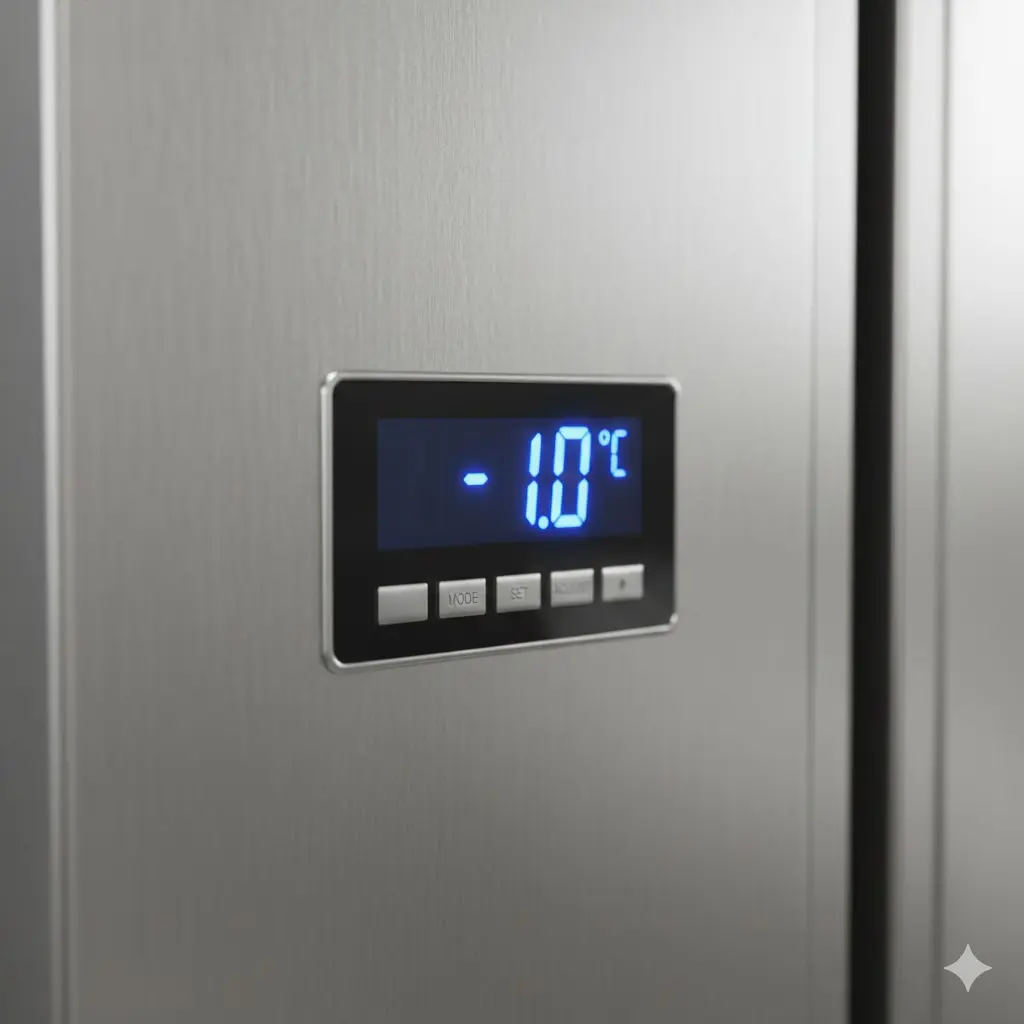 영하 1도의 정밀한 온도를 유지하고 있는 업소용 김치냉장고의 디지털 컨트롤러 상세컷