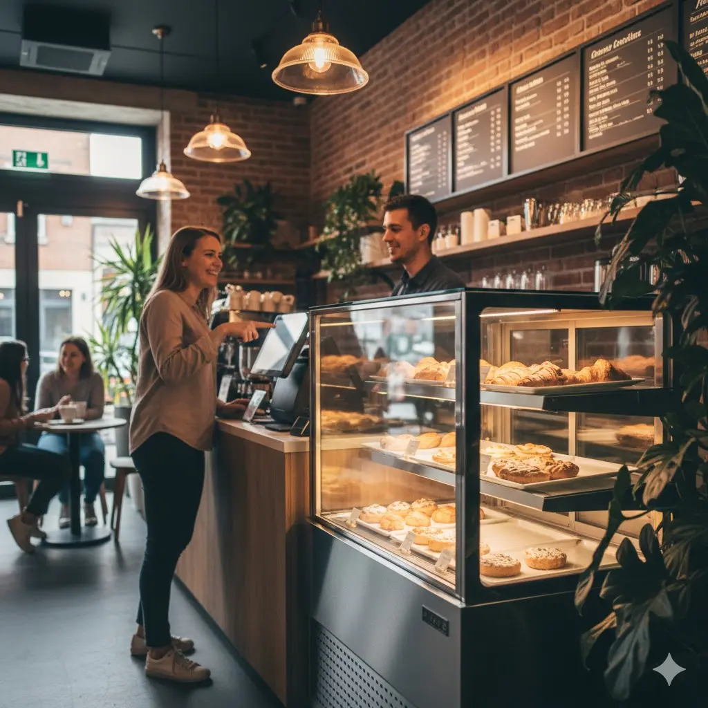 고객의 추가 구매를 유도하기 위해 카운터 POS 옆에 배치된 전략적 쇼케이스 위치