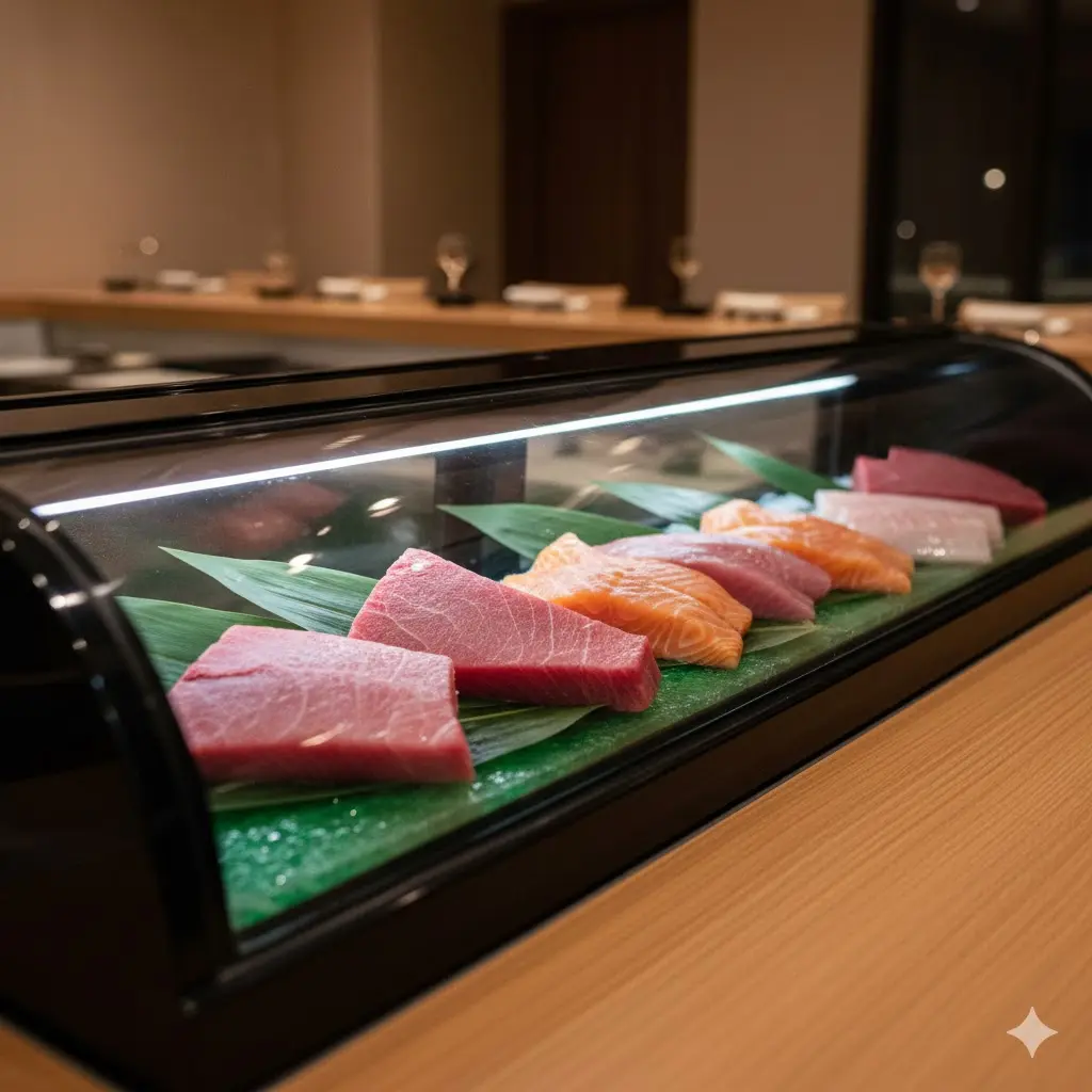 고급 일식당 카운터에 설치되어 신선한 참치와 연어가 진열된 초밥쇼케이스