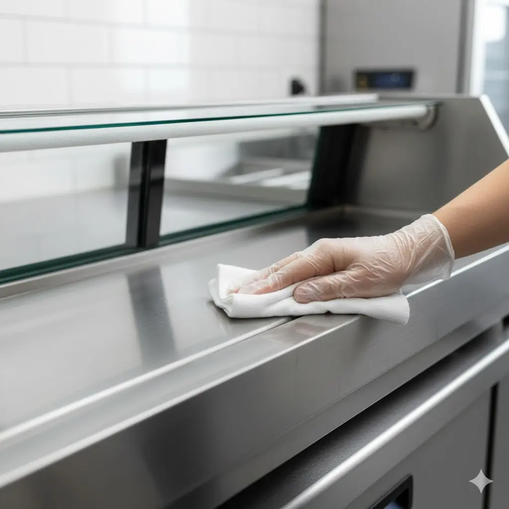 식재료 위생을 위해 초밥쇼케이스 내부를 살균 소독제로 닦는 관리 모습