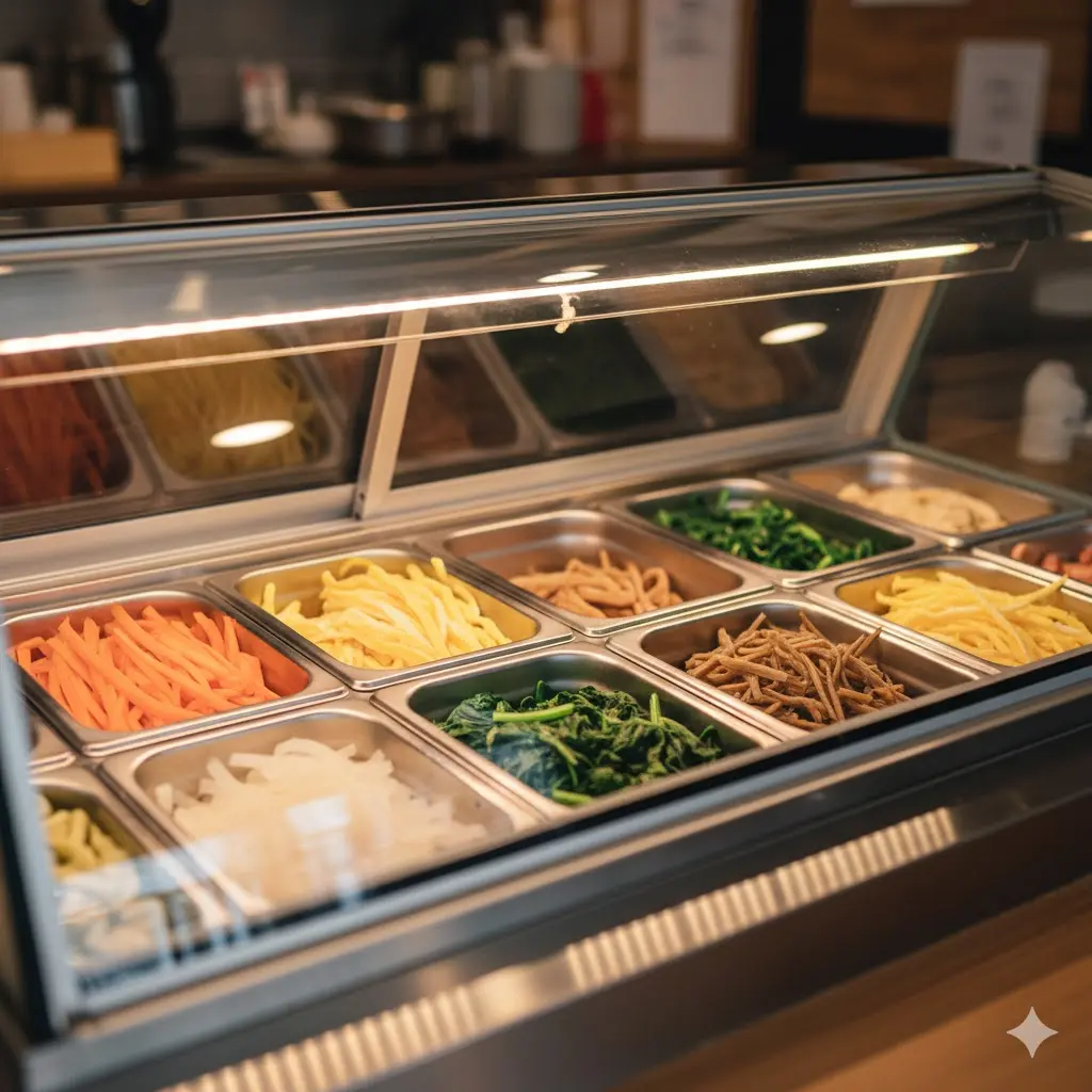 고객 시선에서 바라본 신선한 재료들이 진열된 쇼케이스형 김밥냉장고 상단 모습