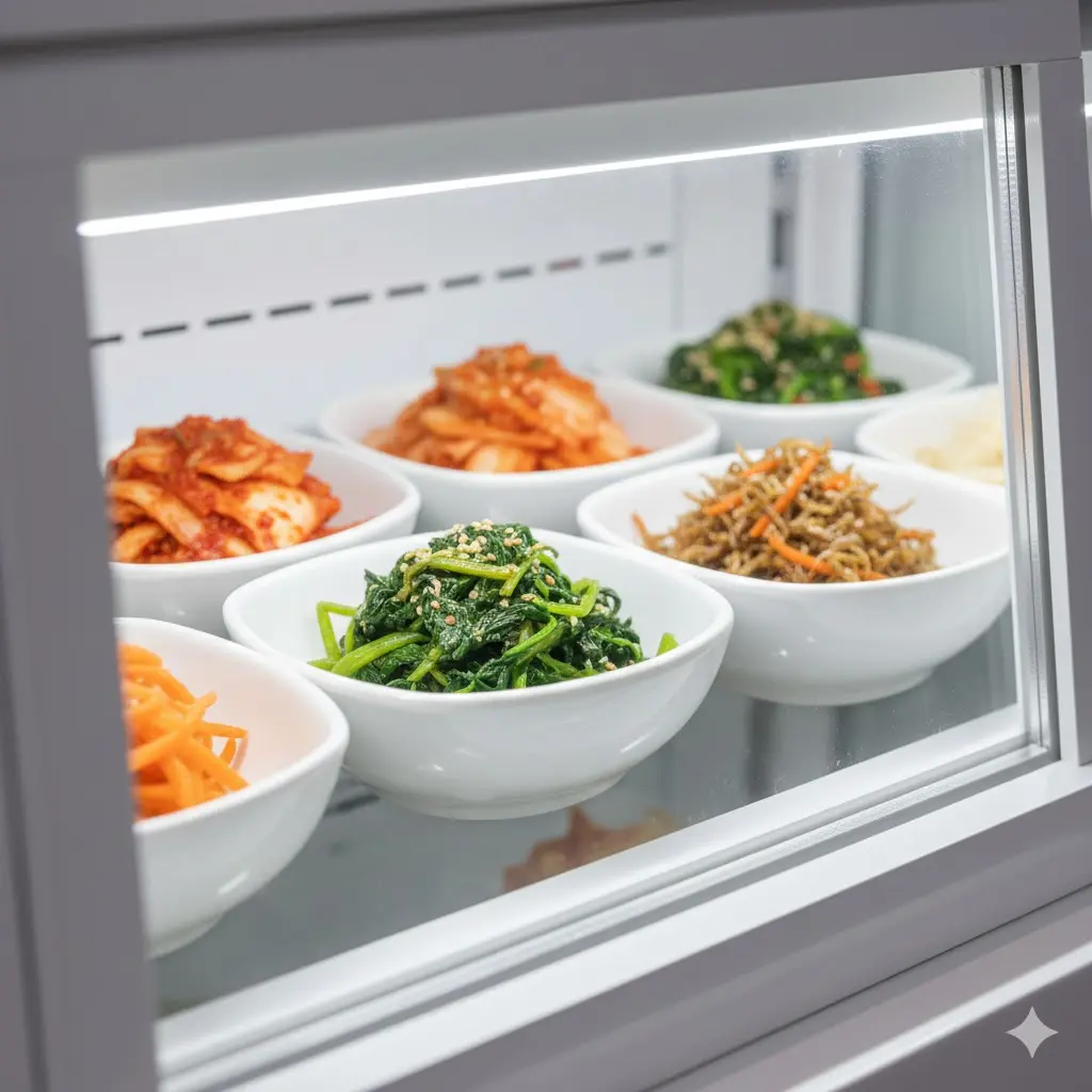 고연색성 LED 조명 아래에서 신선한 색감이 강조된 반찬들과 깨끗한 화이트 프레임 쇼케이스 상세샷