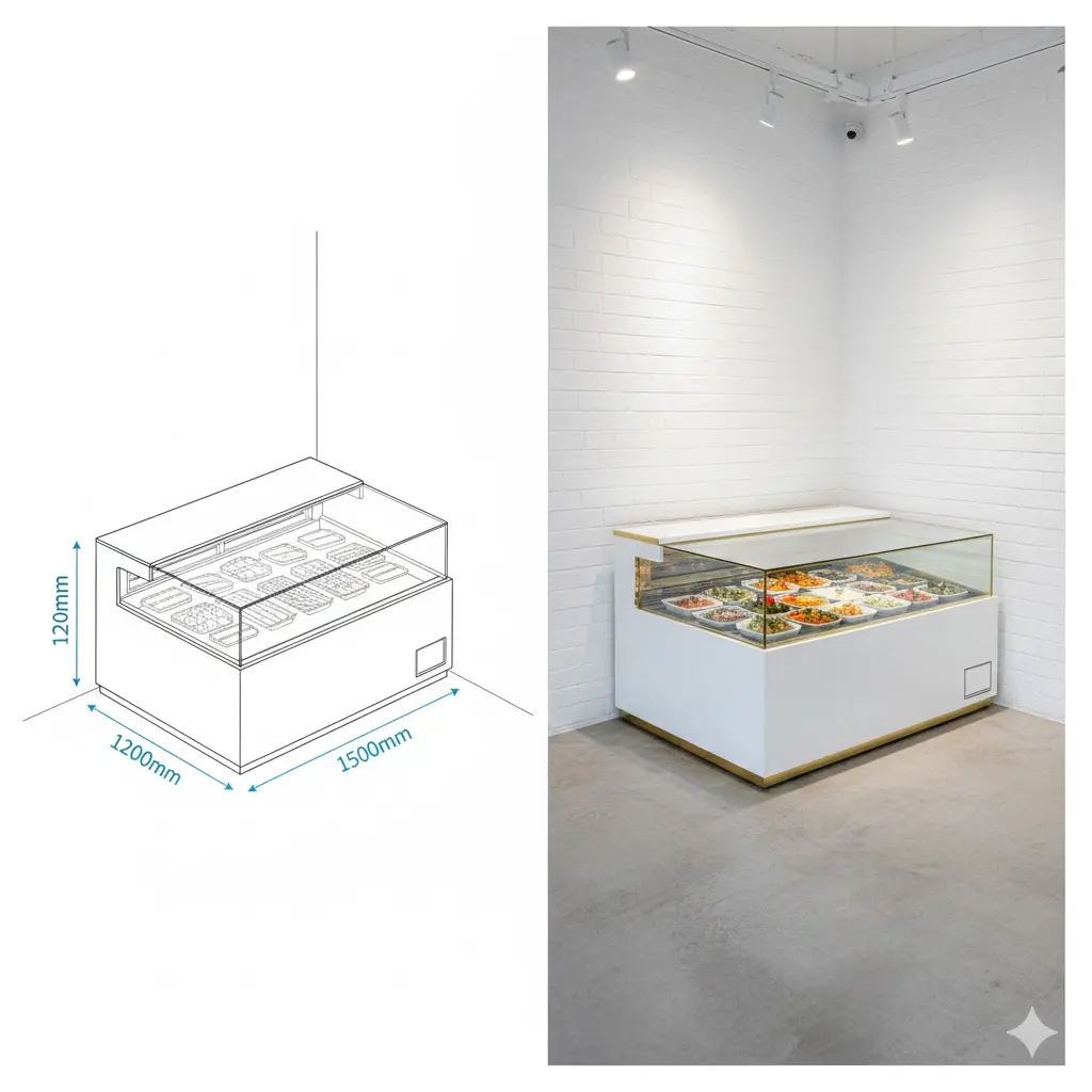 매장 구조에 맞춰 10cm 단위로 맞춤 제작된 한성쇼케이스의 공간 활용 사례