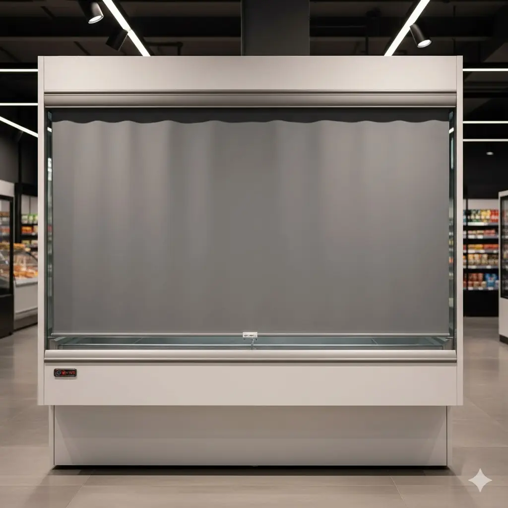 영업 종료 후 냉기 유출을 막기 위해 나이트 커튼이 내려진 화이트 평대 쇼케이스