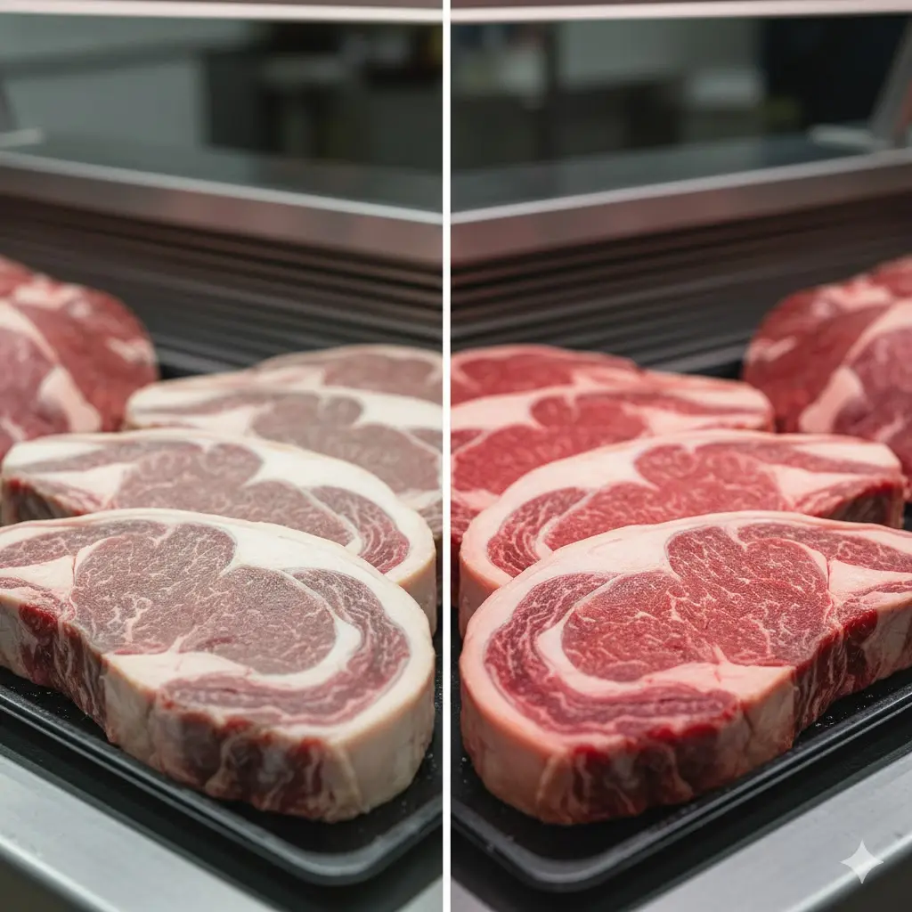 일반 조명과 한성쇼케이스 고연색성 LED 조명 아래에서 확연히 차이 나는 소고기의 육색 비교