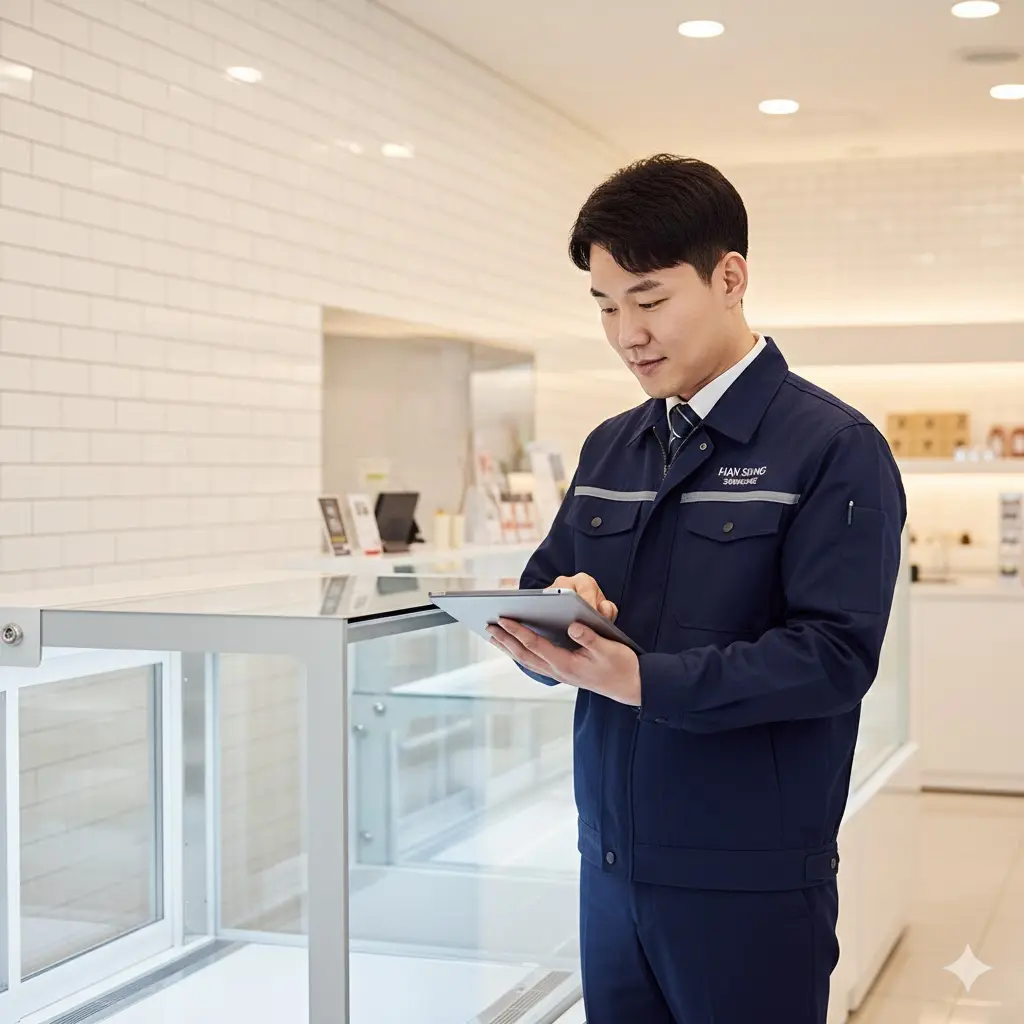 한성쇼케이스 직영 AS 기사가 숙성 냉장고를 점검하며 사후 관리를 진행하는 모습