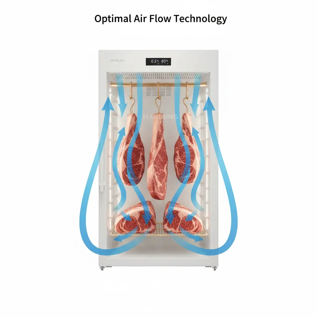 숙성고 내부의 공기 흐름을 최적화하여 고기 전체에 고른 숙성을 돕는 미세 풍량 순환 시스템 그래픽