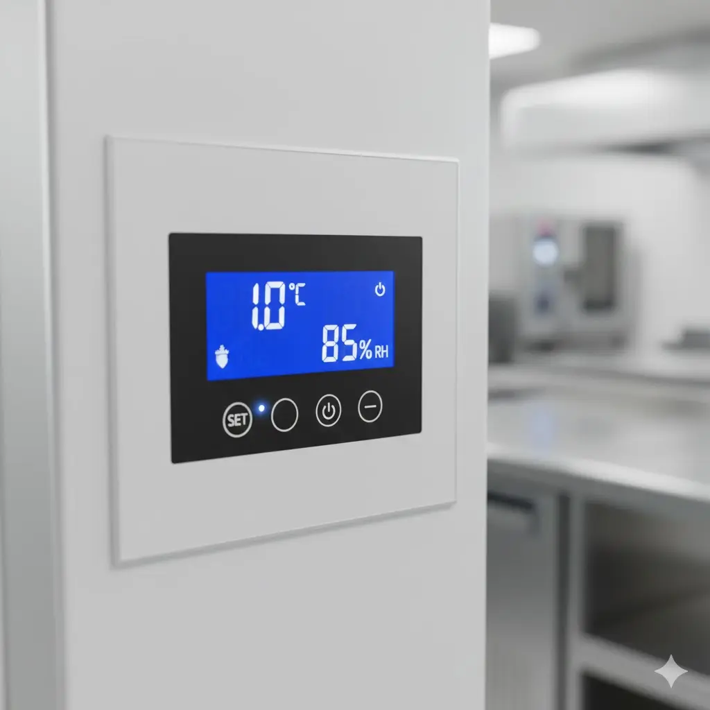 실시간으로 온도와 습도를 정밀하게 제어하는숙성 쇼케이스의 디지털 컨트롤러 디스플레이