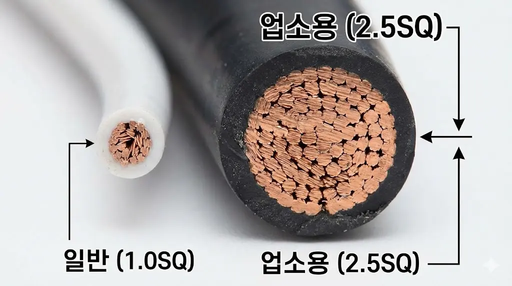 0SQ 일반 전선과 2.5SQ 업소용 전선의 단면을 확대 비교하여 내구성 차이를 명확하게 보여줍니다.