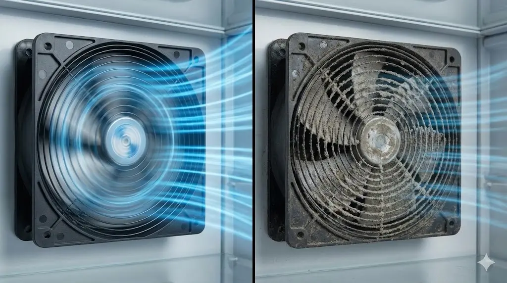 깨끗한 팬과 먼지로 뒤덮인 팬을 나란히 비교하여, 먼지가 공기 흐름을 막는 모습을 극적으로 대비시킵니다.