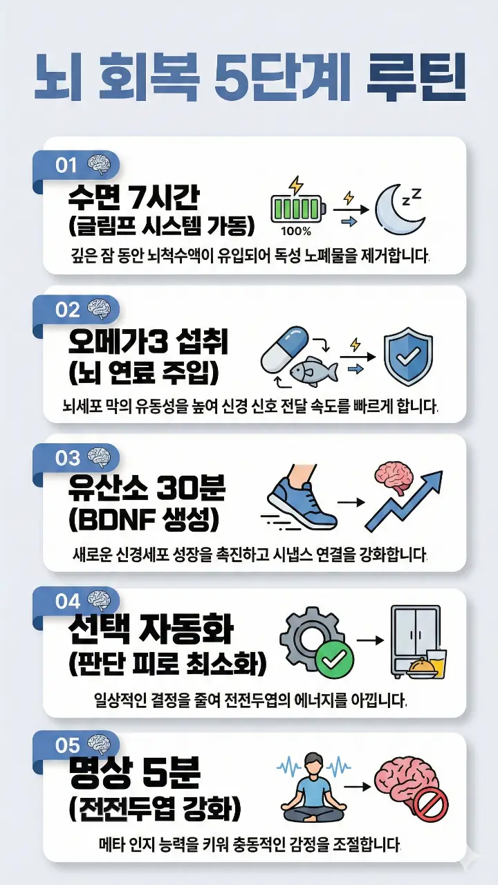 뇌 기능을 회복하고 브레인 포그를 없애는 5가지 신경가소성 루틴 인포그래픽. 전전두엽을 충전하는 과학적 해결책 요약. 01. 수면 7시간(뇌 청소), 02. 식단 오메가3(뇌 연료 공급), 03. 운동 유산소 30분(BDNF 생성), 04. 정보 조절 및 선택 자동화(결정 피로 감소), 05. 명상 5분(메타인지 강화). 뇌과학 기반의 생활 습관 교정 가이드