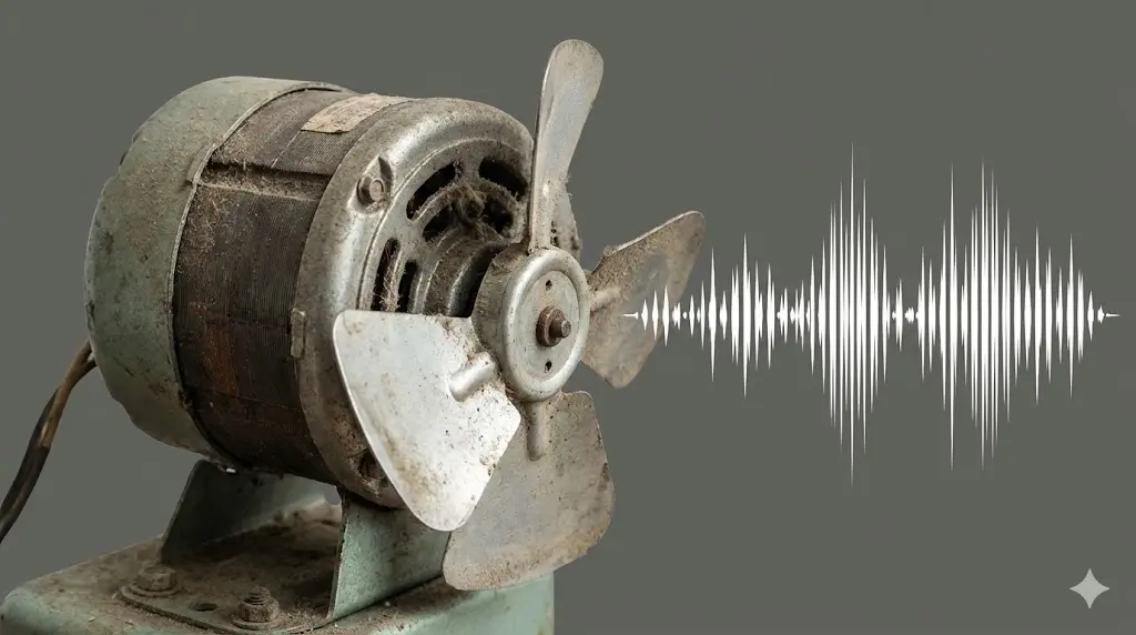 먼지가 쌓이고 날개가 휘어진 낡은 모터에서 소음이 발생하는 모습을 시각화하여, 모터 고장의 징후를 직관적으로 보여줍니다.