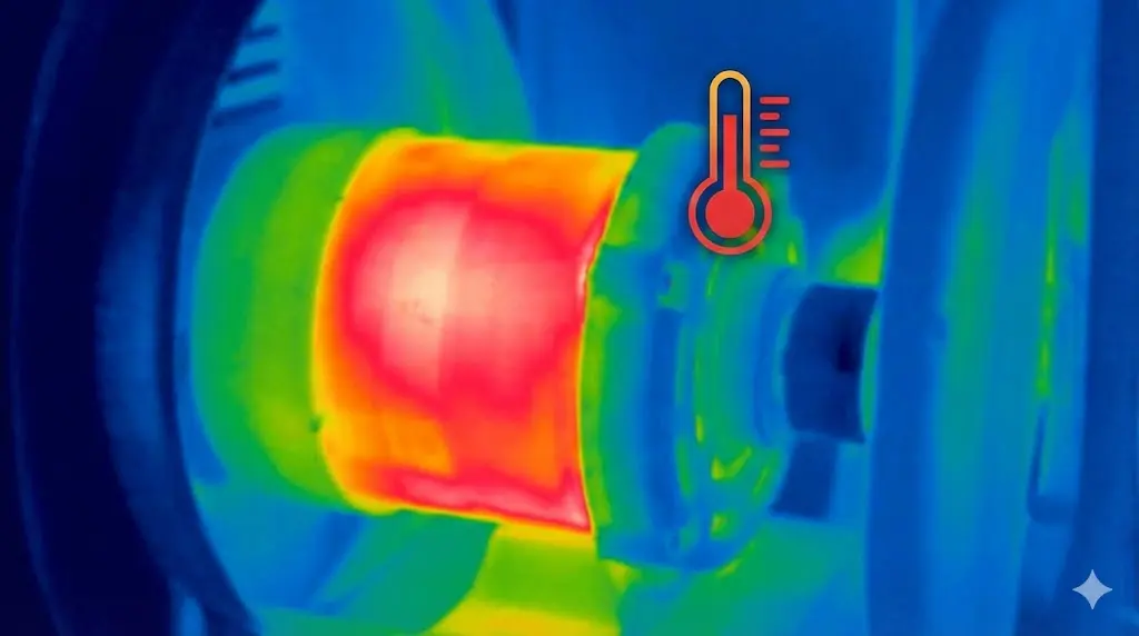 열화상 카메라로 촬영한 듯한 이미지를 통해 모터가 과열되어 붉게 달아오른 위험한 상태를 효과적으로 표현합니다