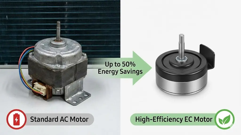 기존 AC 모터와 최신 고효율 EC 모터를 나란히 비교하여, 에너지 절감 효과를 한눈에 이해할 수 있도록 합니다.