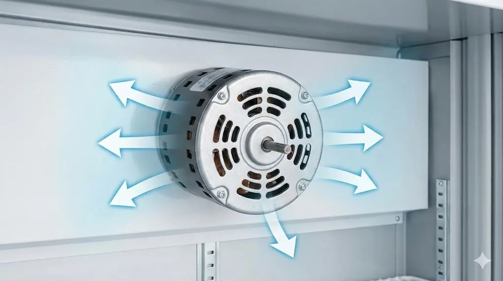 모터 주변의 공기 흐름이 원활하여 열이 잘 식는 이상적인 설치 환경을 시각적으로 보여줍니다.