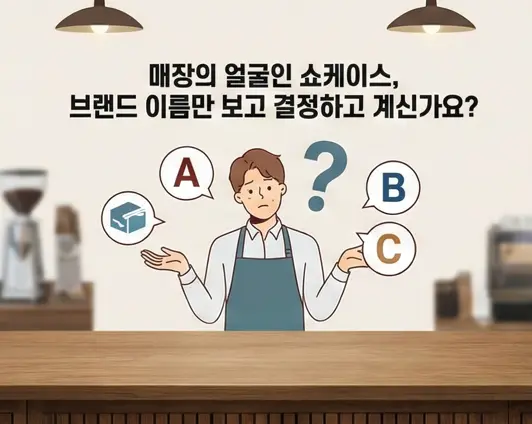 카페 창업 시 제과 쇼케이스 브랜드 선택을 고민하는 점주님과 한성쇼케이스 비교 가이드