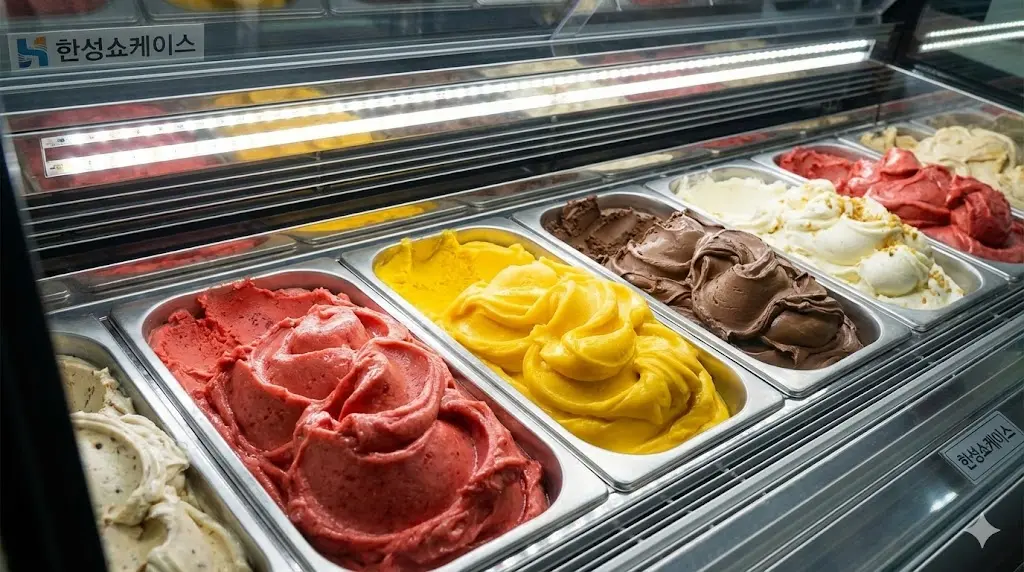 젤라또의 화려한 색감을 생생하게 강조하여 시각적 효과를 높인 한성쇼케이스 맞춤형 LED 조명 설계 사례