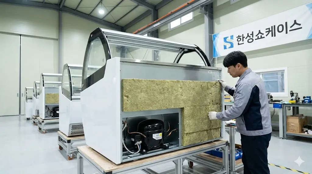 내구성이 뛰어나고 유지비를 절감해 주는 고품질 냉동 장비를 생산하는 한성쇼케이스 국내 직영 공장 제조 공정