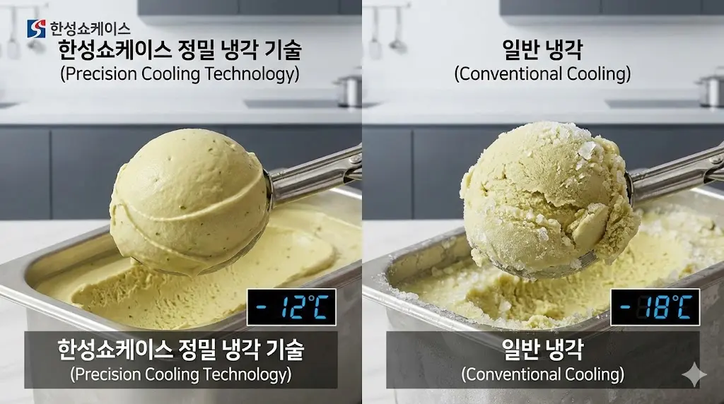 젤라또 질감을 살리고 얼음 결정을 방지하는 한성쇼케이스 정밀 냉각 기술과 일반 냉각 방식의 확연한 차이 비교 이미지