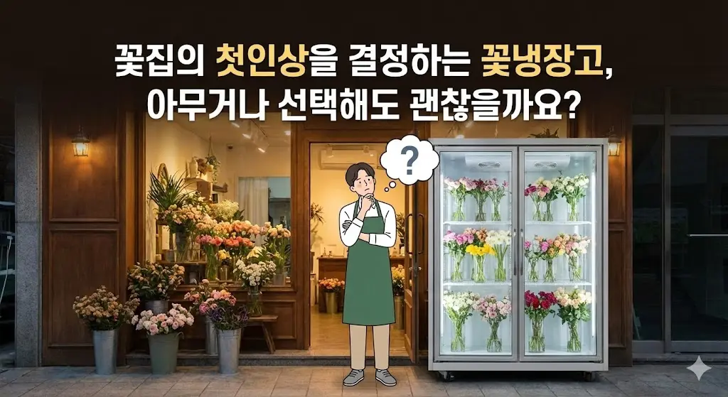 꽃집의 첫인상을 결정하는 세련된 디자인의 꽃냉장고 선택을 고민하는 플로리스트와 매장 인테리어 모습