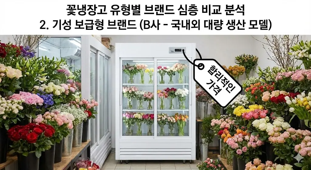 합리적인 가격과 실용성을 강조한 국내외 대량 생산 기성 보급형 브랜드 B사 꽃냉장고 모델 특징