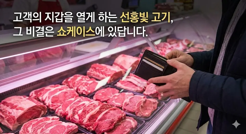 정육점 쇼케이스에 진열된 먹음직스러운 선홍빛 고기를 보고 지갑을 여는 고객의 손. 쇼케이스가 고기의 신선함을 돋보이게 하여 구매로 이어지는 모습을 표현한 이미지입니다.
