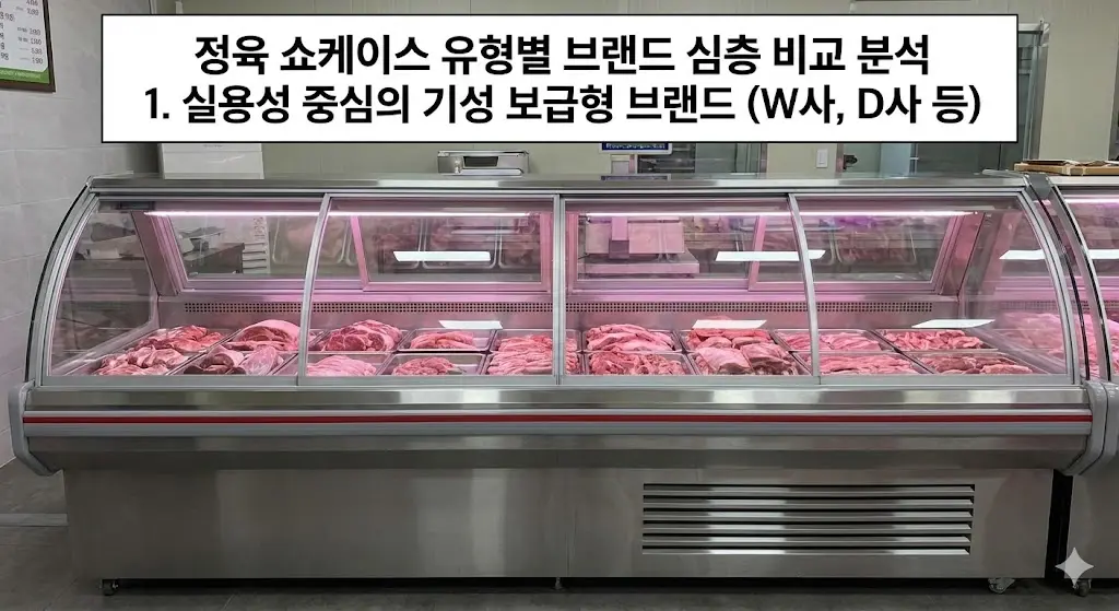 정육점에 설치된 실용적인 디자인의 스테인리스 스틸 기성 보급형 정육 쇼케이스 이미지입니다.