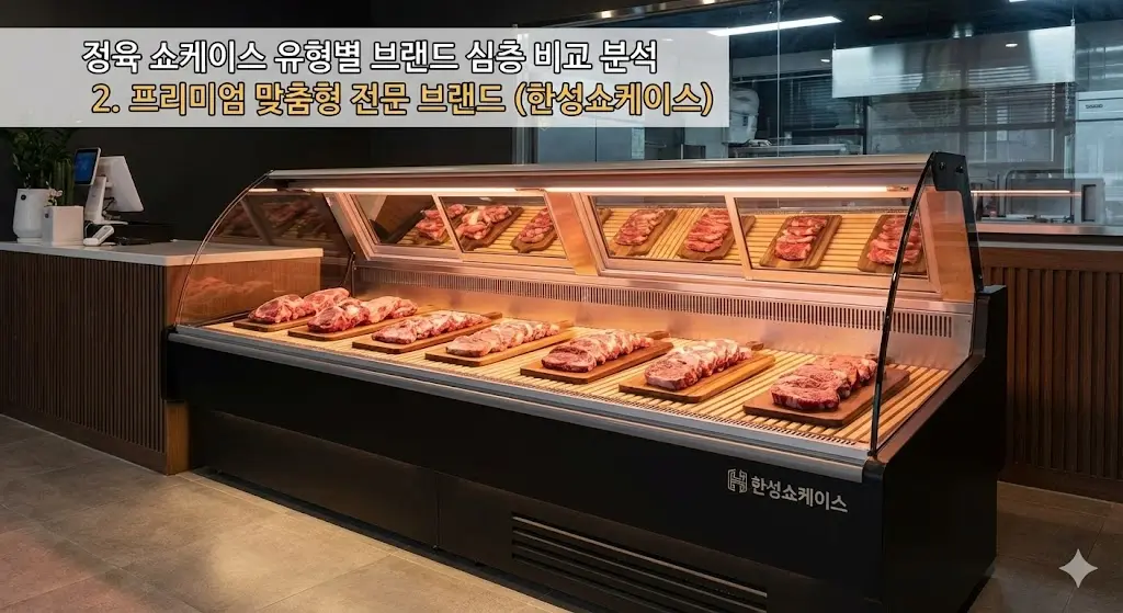 급스러운 정육 식당에 설치된 프리미엄 맞춤형 정육 쇼케이스 이미지입니다.