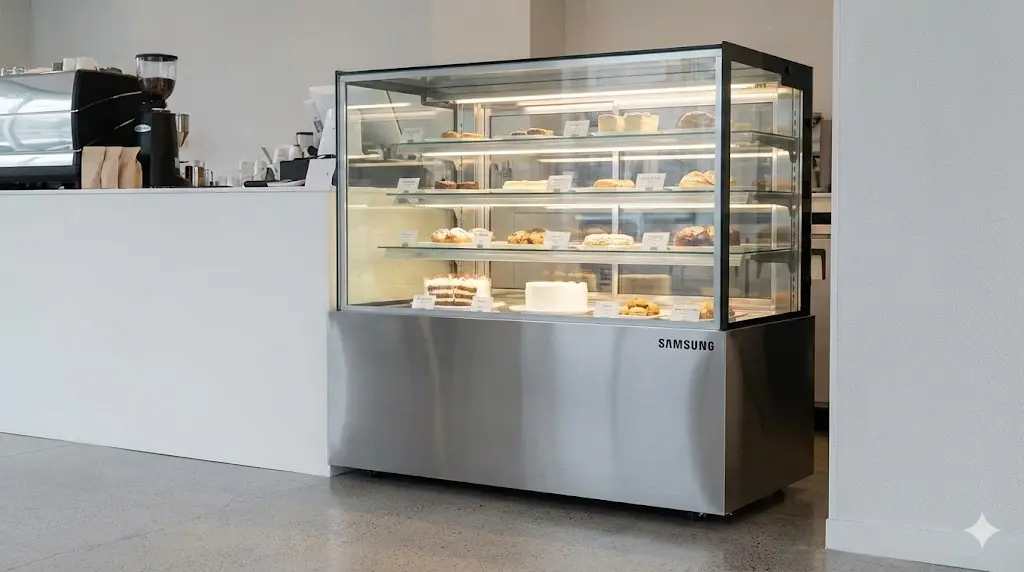 카페 카운터 옆에 설치된 삼성 브랜드 로고가 선명한 대형 기성 쇼케이스. 카운터와 쇼케이스 사이에 약간의 틈이 있어 기성품의 한계를 보여준다.