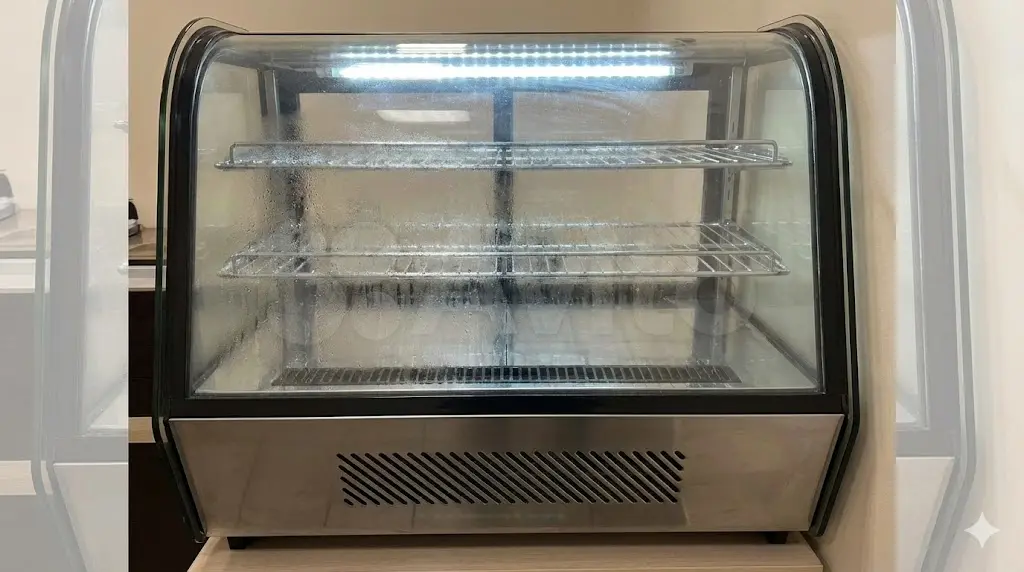 유리 전면에 결로가 생겨 내부가 잘 보이지 않는 단순한 디자인의 저렴한 쇼케이스 모델.