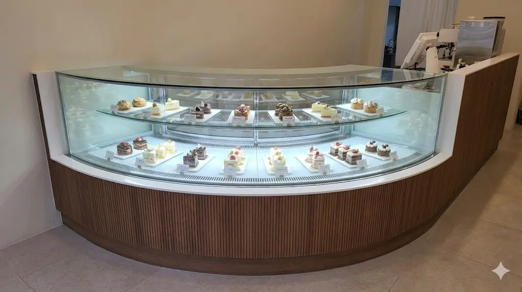 카페의 곡선형 카운터에 완벽하게 밀착되어 설치된 한성쇼케이스의 맞춤형 쇼케이스. 깨끗한 유리와 밝은 조명으로 디저트가 돋보인다.