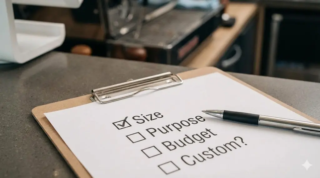 카페 카운터 위에 놓인 클립보드와 쇼케이스 선택을 위한 체크리스트 종이. 'Size', 'Purpose', 'Budget', 'Custom?' 등의 항목이 적혀 있다.