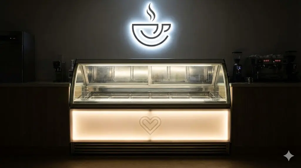 매장 중앙에서 빛나는 카페 쇼케이스의 모습. 쇼케이스 전면에 하트 모양이 빛나며, 위쪽 벽면에는 빛나는 카페 로고가 있어 매장의 '얼굴'과 '심장'을 상징한다.