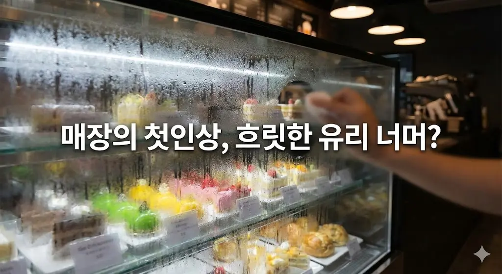 결로로 인해 뿌옇게 흐려진 카페 쇼케이스 유리를 닦고 있는 손. 매장의 첫인상이 흐릿해질 수 있음을 보여줍니다.