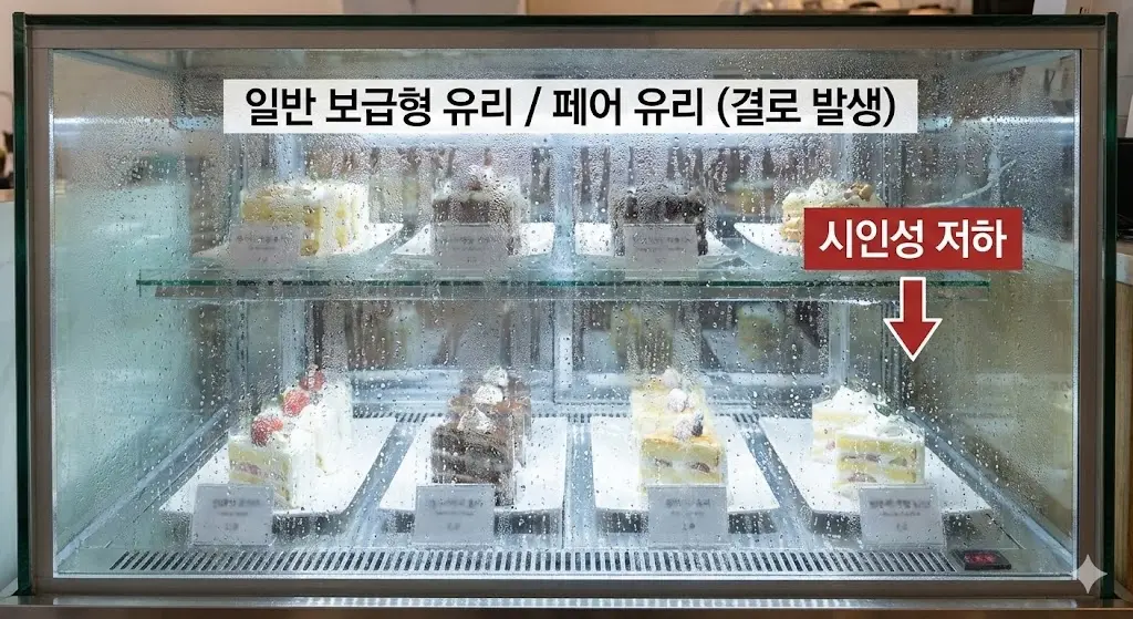 결로가 심하게 발생하여 내부 디저트가 잘 보이지 않는 일반 보급형 유리 쇼케이스. 시인성 저하 문제를 보여줍니다.