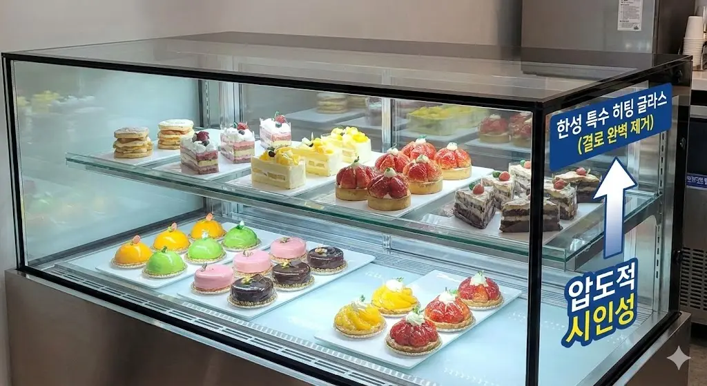 한성 특수 히팅 글라스를 적용하여 결로 없이 디저트가 선명하게 보이는 쇼케이스. 압도적인 시인성을 자랑합니다.