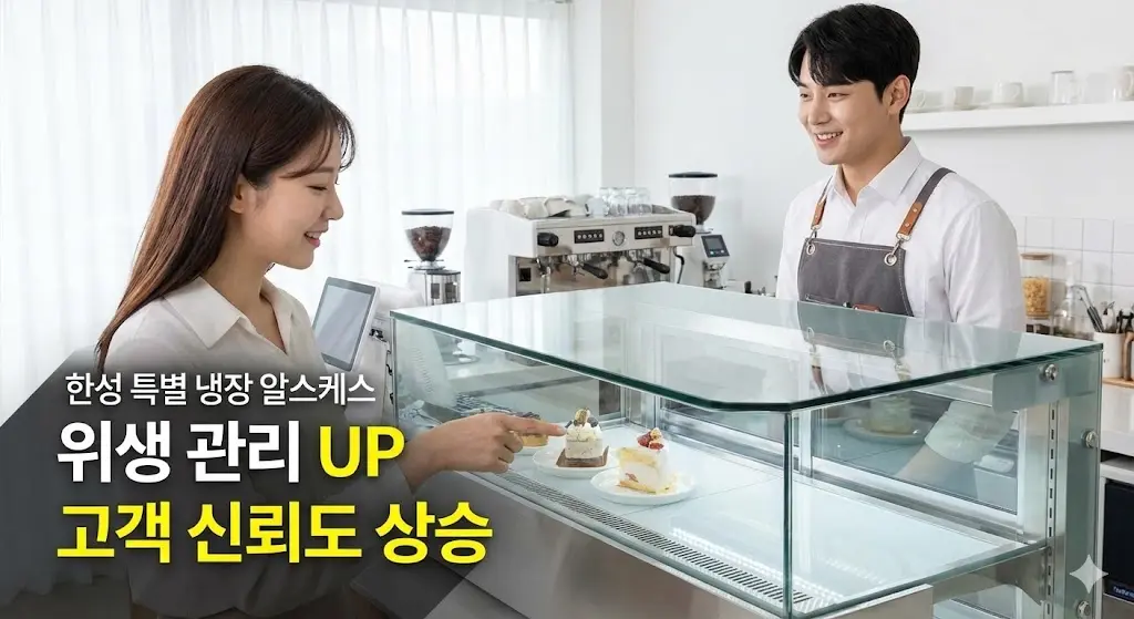 깨끗한 쇼케이스 앞에서 만족해하는 고객과 직원. 위생적인 관리로 고객 신뢰도가 높아지는 것을 표현합니다.