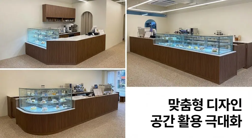다양한 형태의 맞춤형 쇼케이스 설치 사례. 공간 활용을 극대화할 수 있는 디자인 유연성을 보여줍니다.