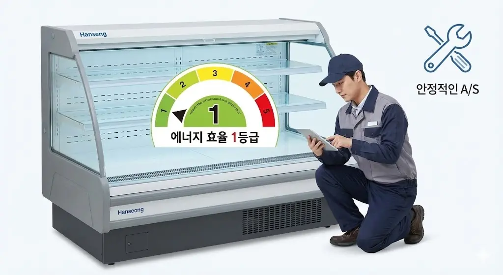 에너지 효율 1등급 마크와 A/S 기사의 점검 모습. 뛰어난 에너지 효율과 안정적인 사후 관리를 의미합니다.