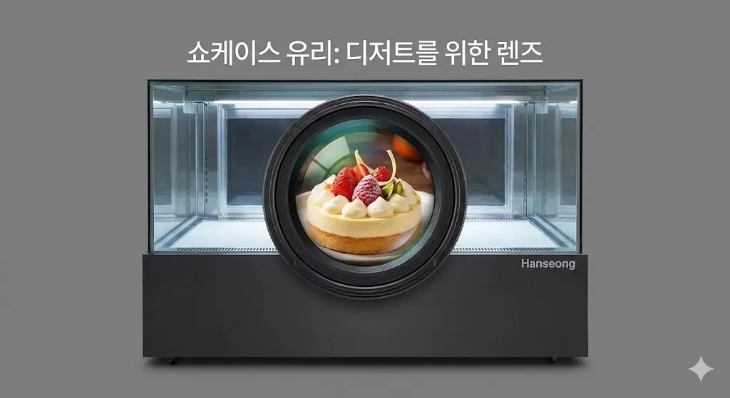 카메라 렌즈를 통해 더욱 돋보이는 디저트. 쇼케이스 유리가 디저트를 아름답게 보여주는 렌즈 역할을 함을 강조합니다.