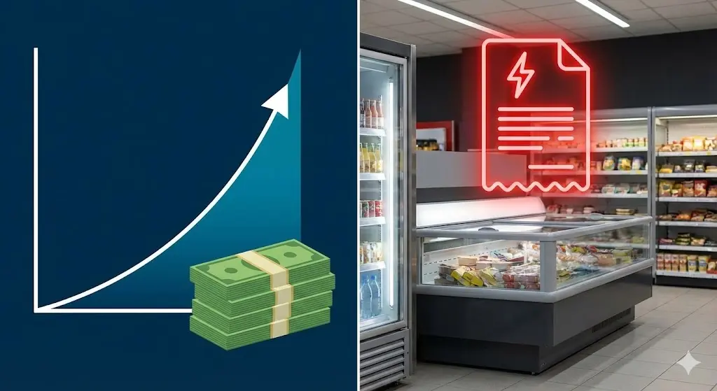 매출 상승 그래프와 높은 전기요금 청구서가 있는 오픈 쇼케이스 이미지.